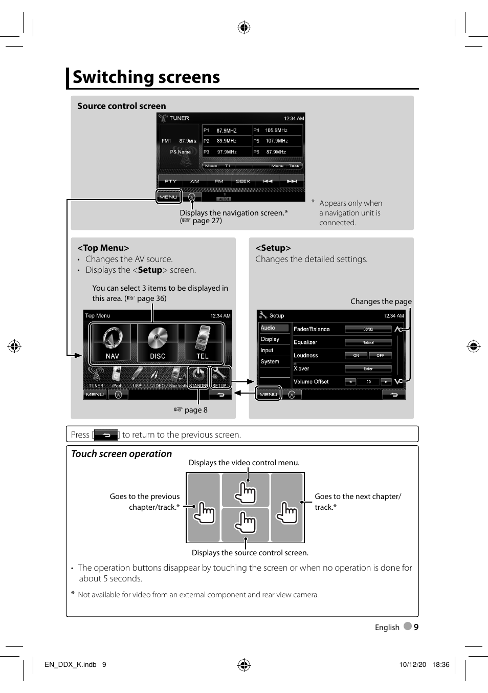 Switching screens | Kenwood DDX3048 User Manual | Page 9 / 64