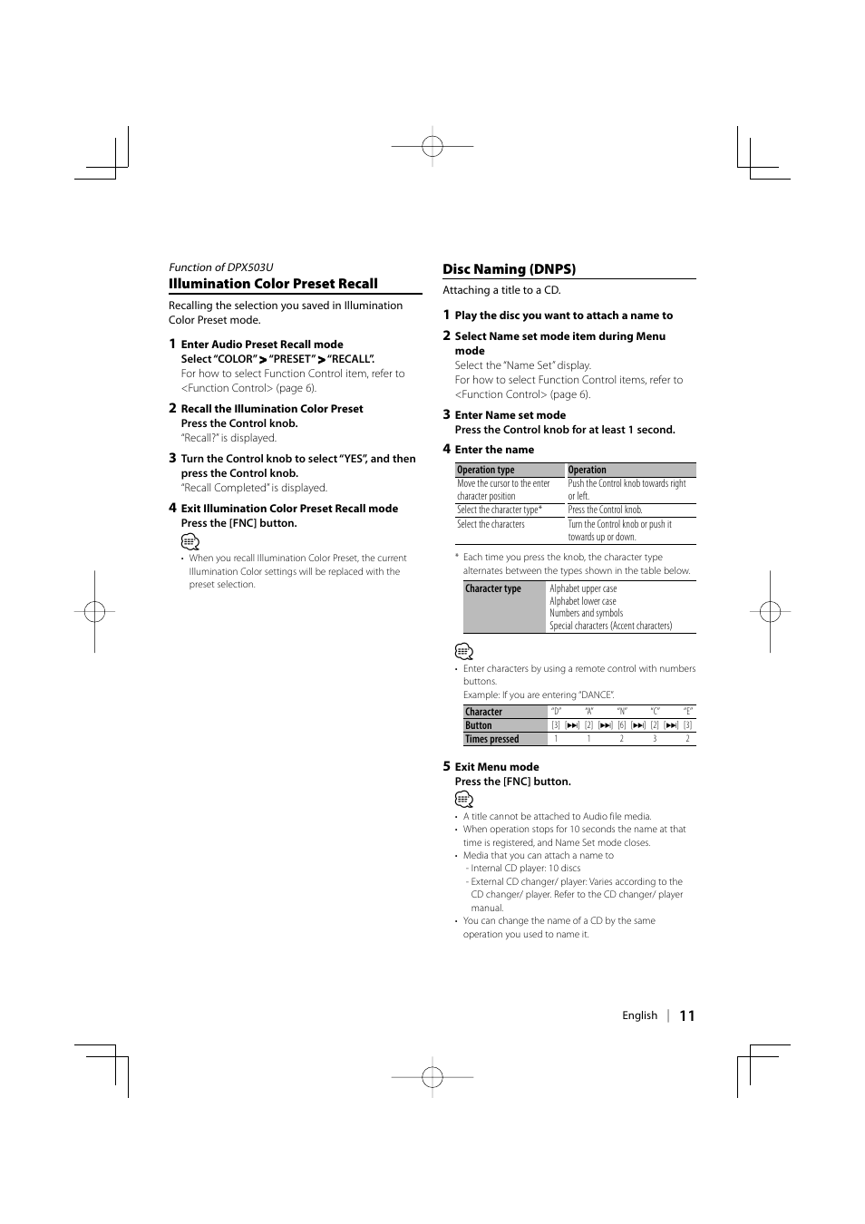 Disc naming (dnps), Illumination color preset recall | Kenwood DPX313 User Manual | Page 11 / 36