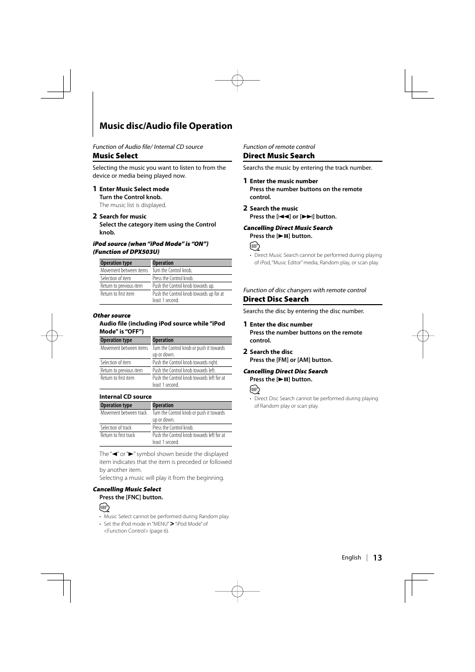 Music disc/audio file operation | Kenwood DPX313 User Manual | Page 13 / 36