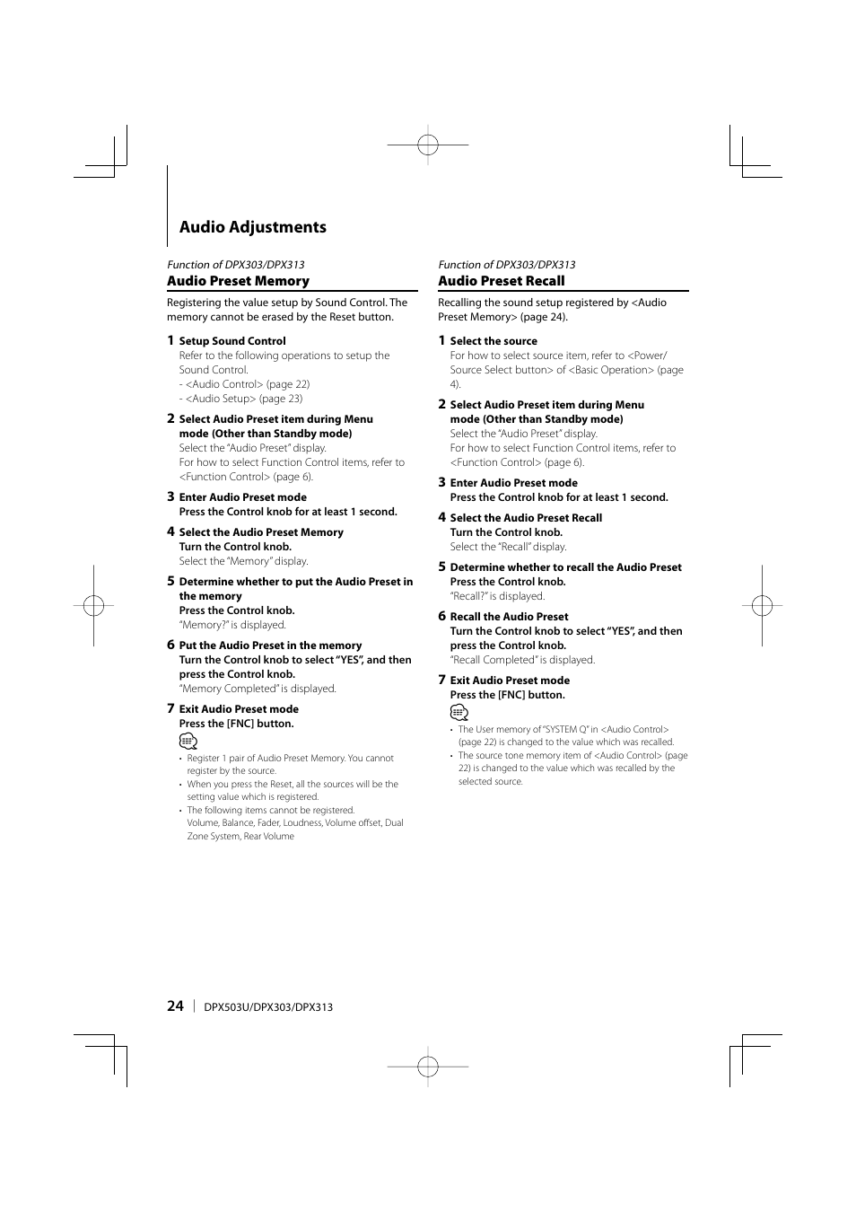 Audio adjustments | Kenwood DPX313 User Manual | Page 24 / 36
