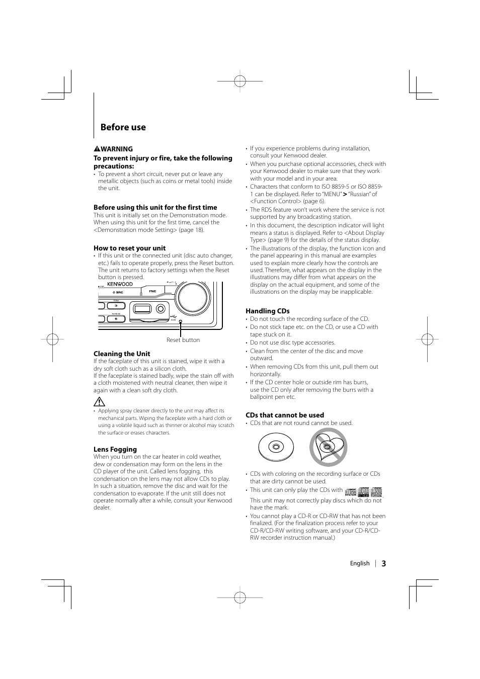 Before use | Kenwood DPX313 User Manual | Page 3 / 36