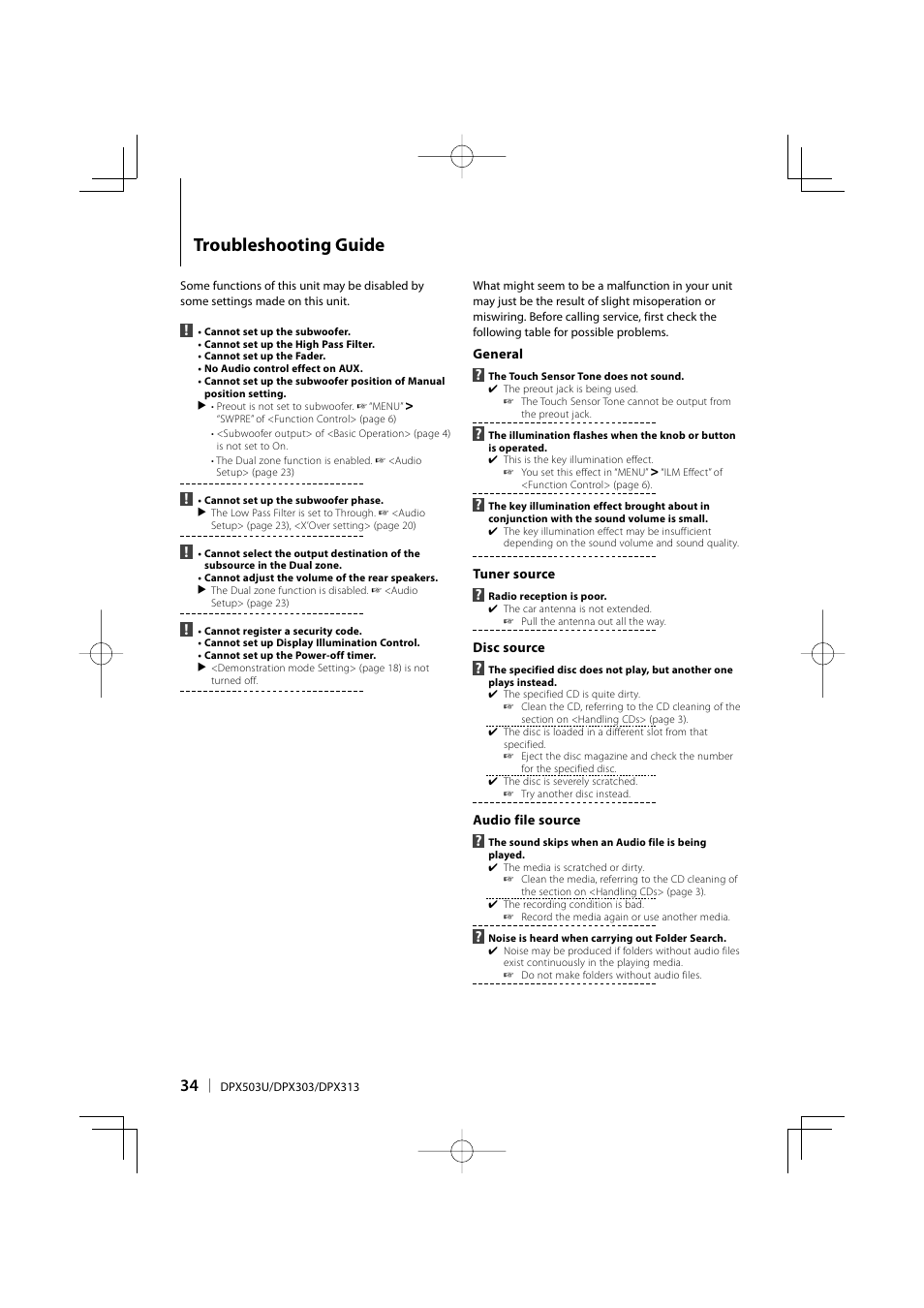 Troubleshooting guide | Kenwood DPX313 User Manual | Page 34 / 36