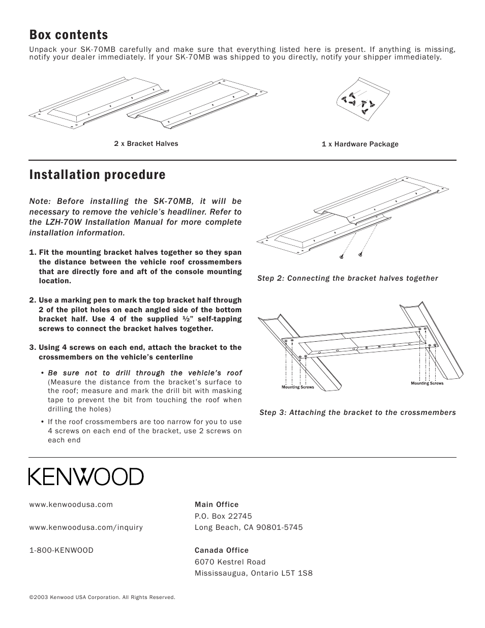 Installation procedure, Box contents | Kenwood SK-70MB User Manual | Page 2 / 2