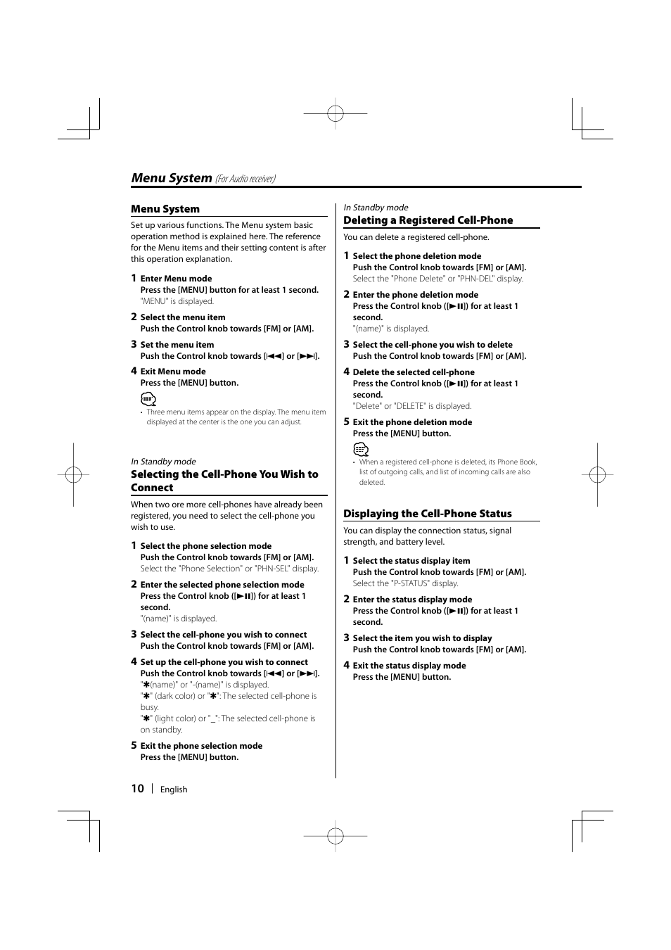 Menu system | Kenwood KCA-BT100 User Manual | Page 10 / 22