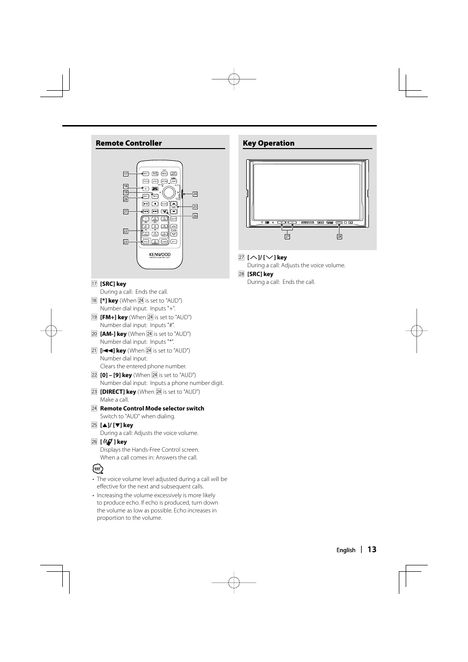 Remote controller, Key operation | Kenwood KCA-BT100 User Manual | Page 13 / 22