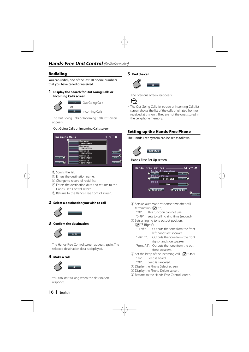Hands-free unit control, Redialing, Setting up the hands-free phone | For monitor receiver) | Kenwood KCA-BT100 User Manual | Page 16 / 22