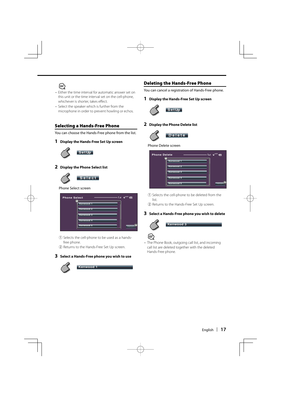 Selecting a hands-free phone, Deleting the hands-free phone | Kenwood KCA-BT100 User Manual | Page 17 / 22