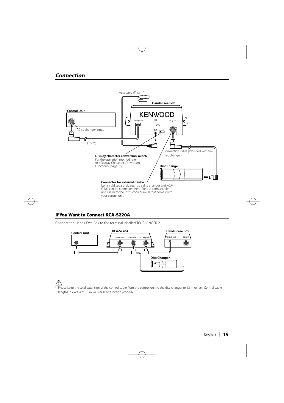 Connection, If you want to connect kca-s220a | Kenwood KCA-BT100 User Manual | Page 19 / 22