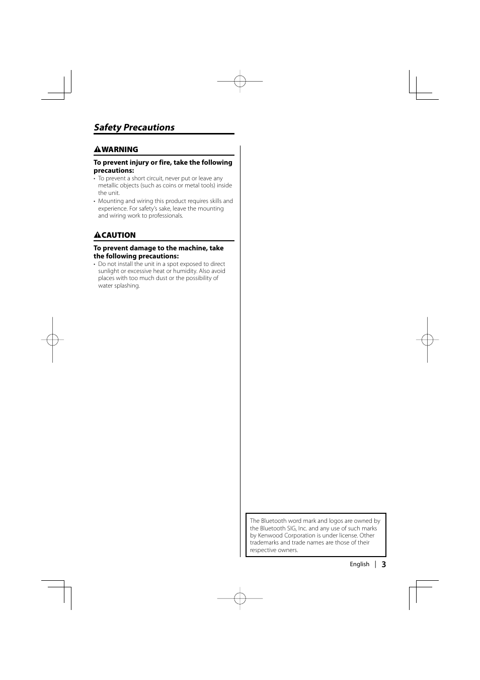Safety precautions | Kenwood KCA-BT100 User Manual | Page 3 / 22