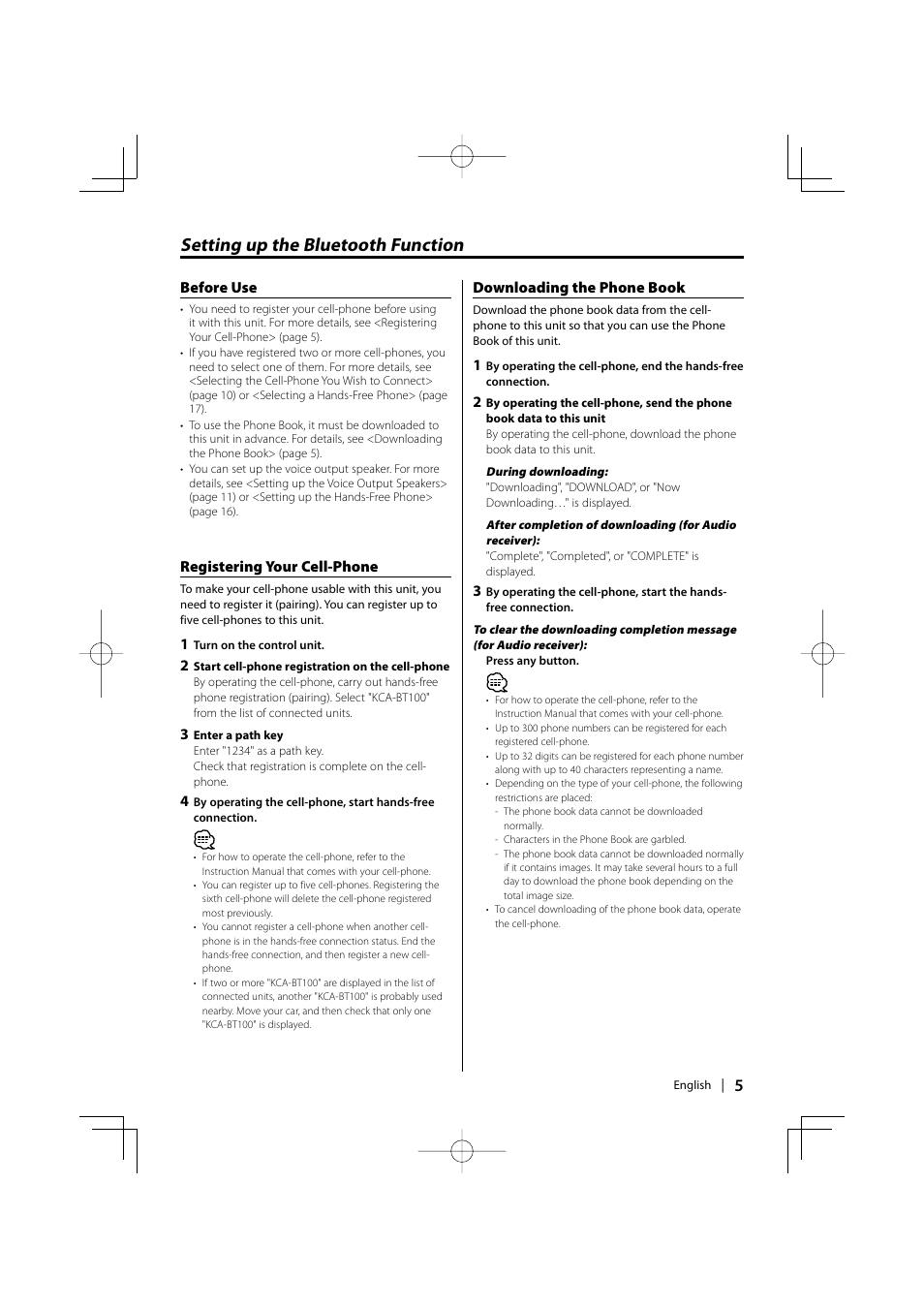 Setting up the bluetooth function | Kenwood KCA-BT100 User Manual | Page 5 / 22