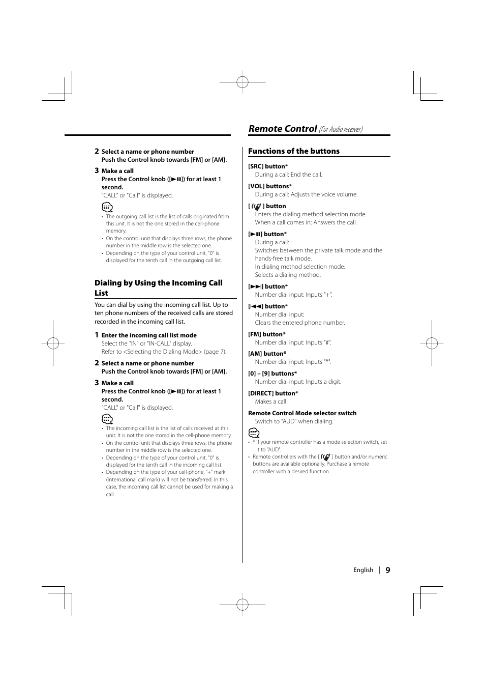 Remote control, Dialing by using the incoming call list, Functions of the buttons | For audio receiver) 2 | Kenwood KCA-BT100 User Manual | Page 9 / 22