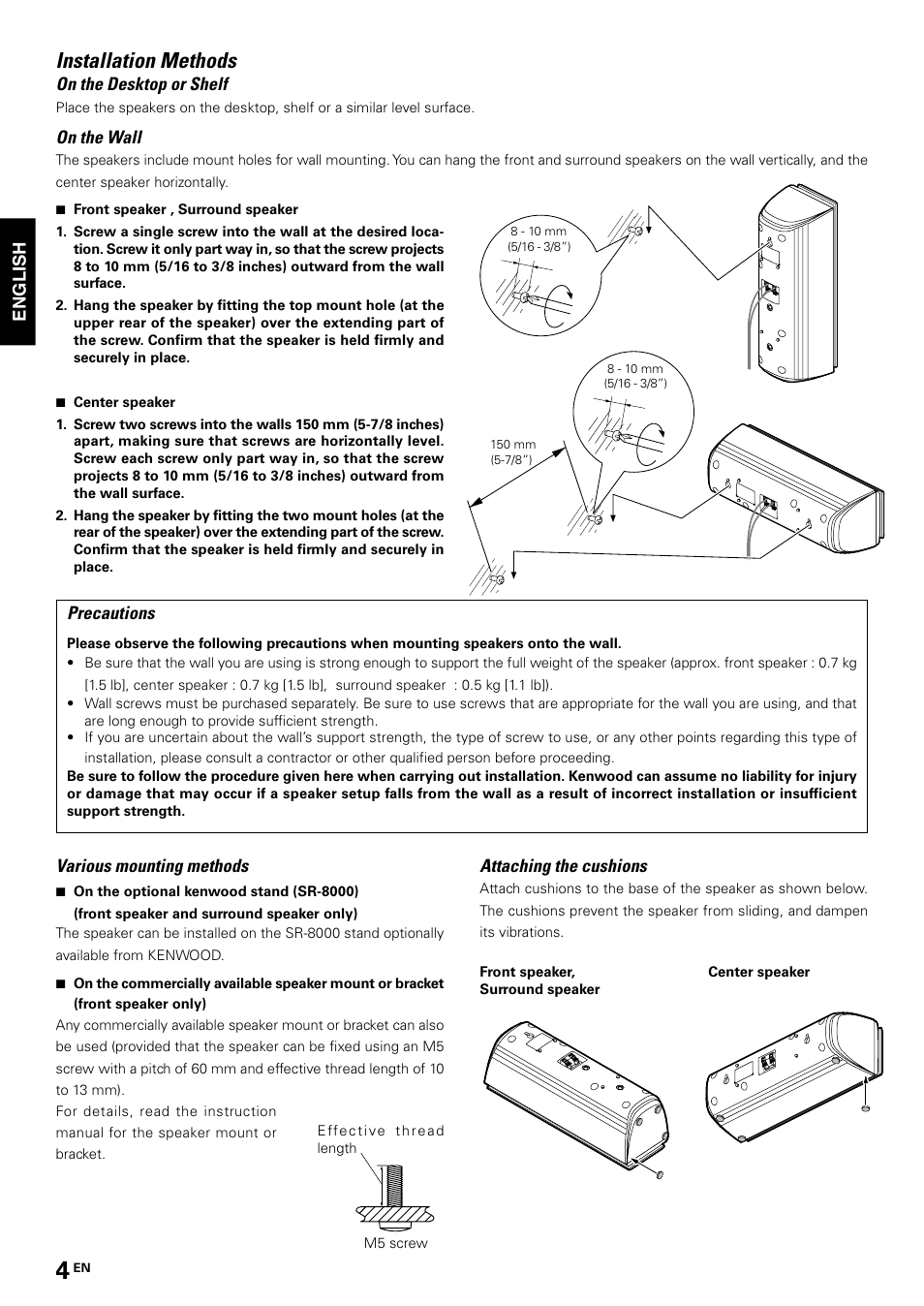 Installation methods, English, On the desktop or shelf | On the wall, Various mounting methods, Attaching the cushions, Precautions | Kenwood KS-2200HT User Manual | Page 4 / 28