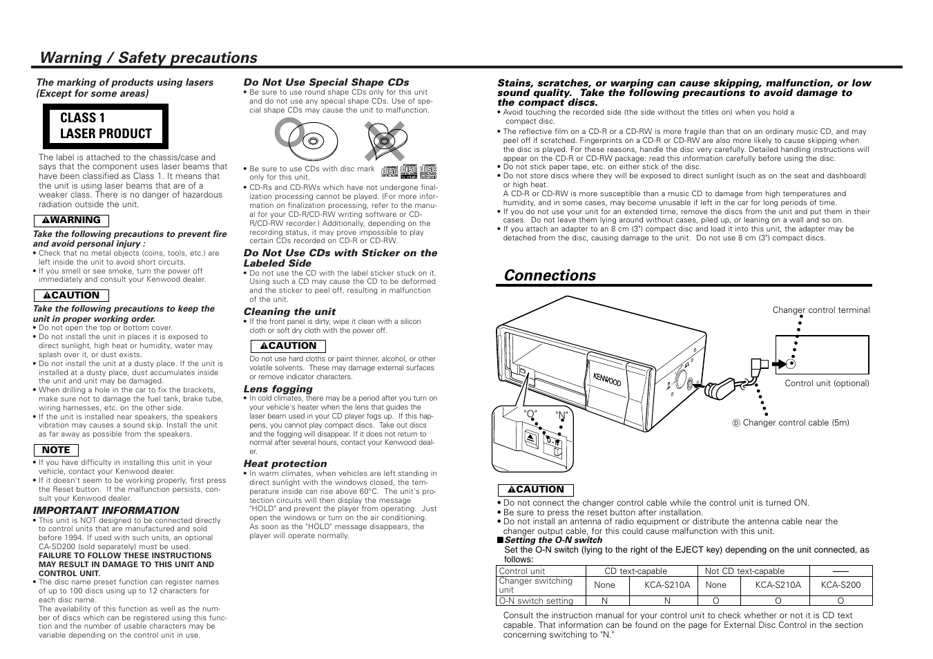 Warning / safety precautions, Connections, Class 1 laser product | Kenwood KDC-C667 User Manual | Page 2 / 4