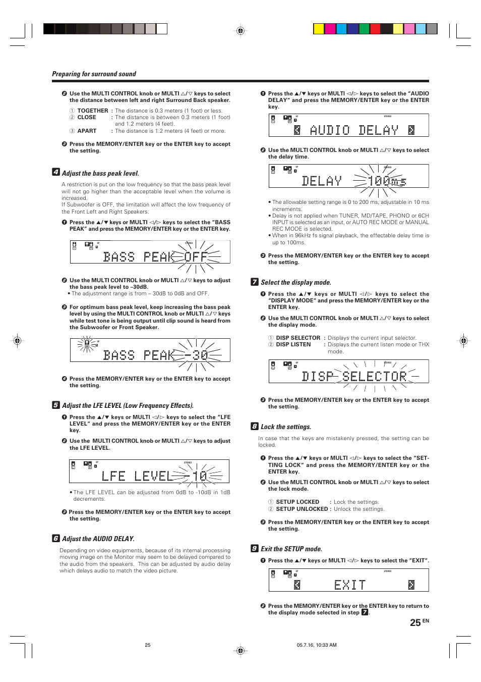 Preparing for surround sound, Adjust the bass peak level, Adjust the lfe level (low frequency effects) | Adjust the audio delay, Select the display mode, Lock the settings, Exit the setup mode | Kenwood KRF-X9090D User Manual | Page 25 / 64