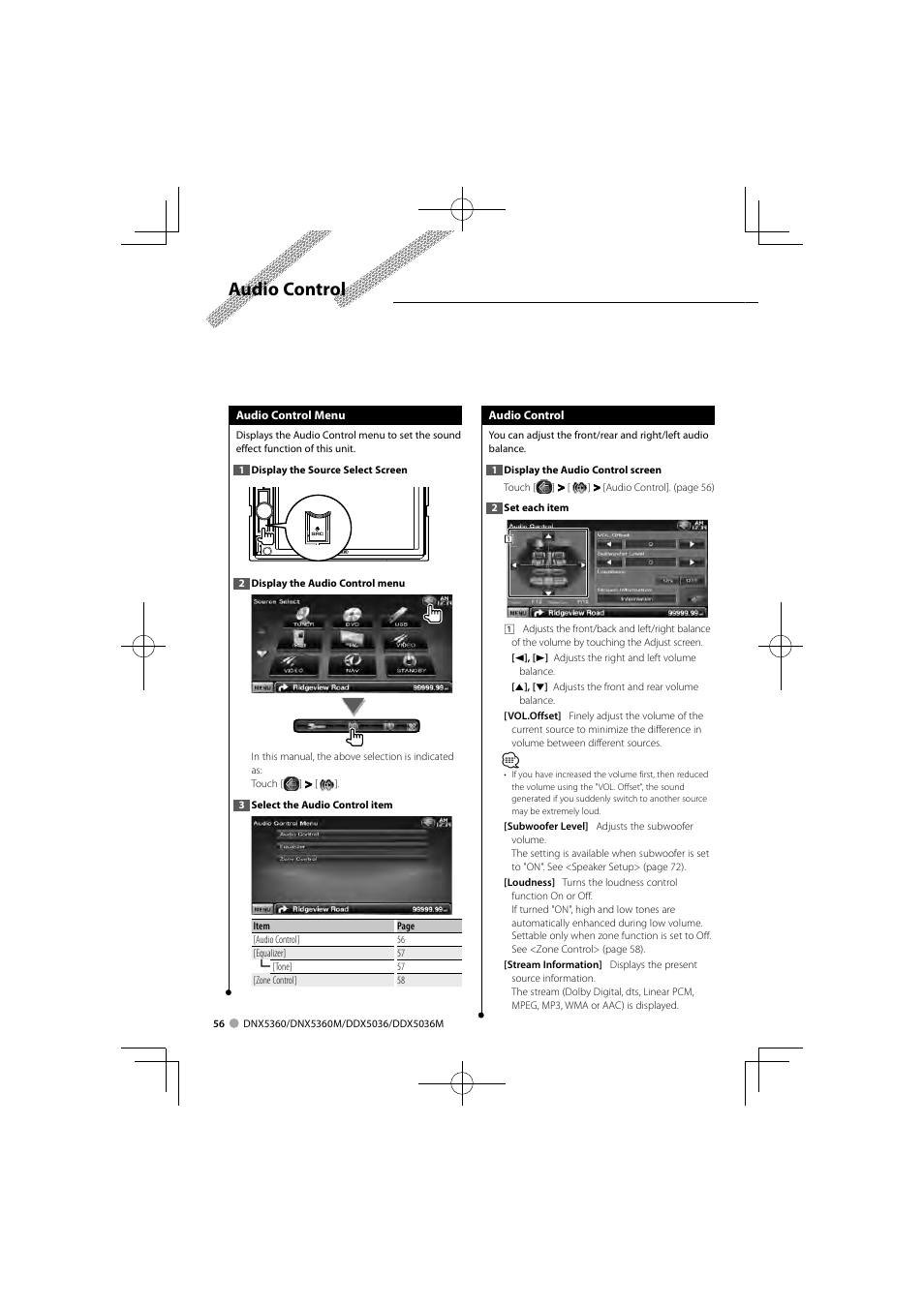 Audio control | Kenwood DNX5360M User Manual | Page 56 / 96
