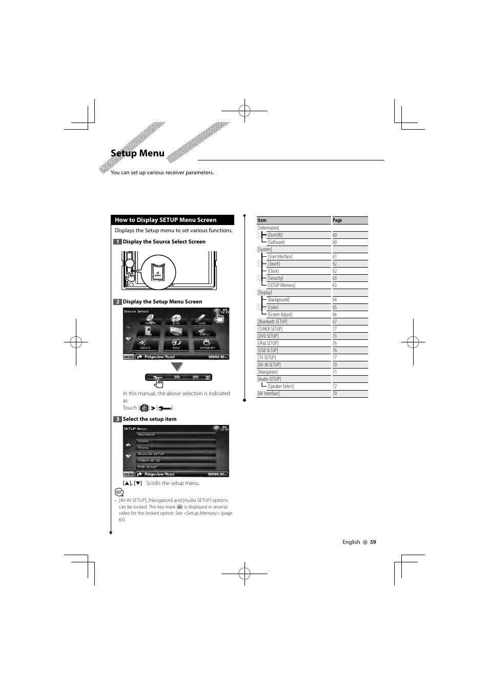 Setup menu | Kenwood DNX5360M User Manual | Page 59 / 96