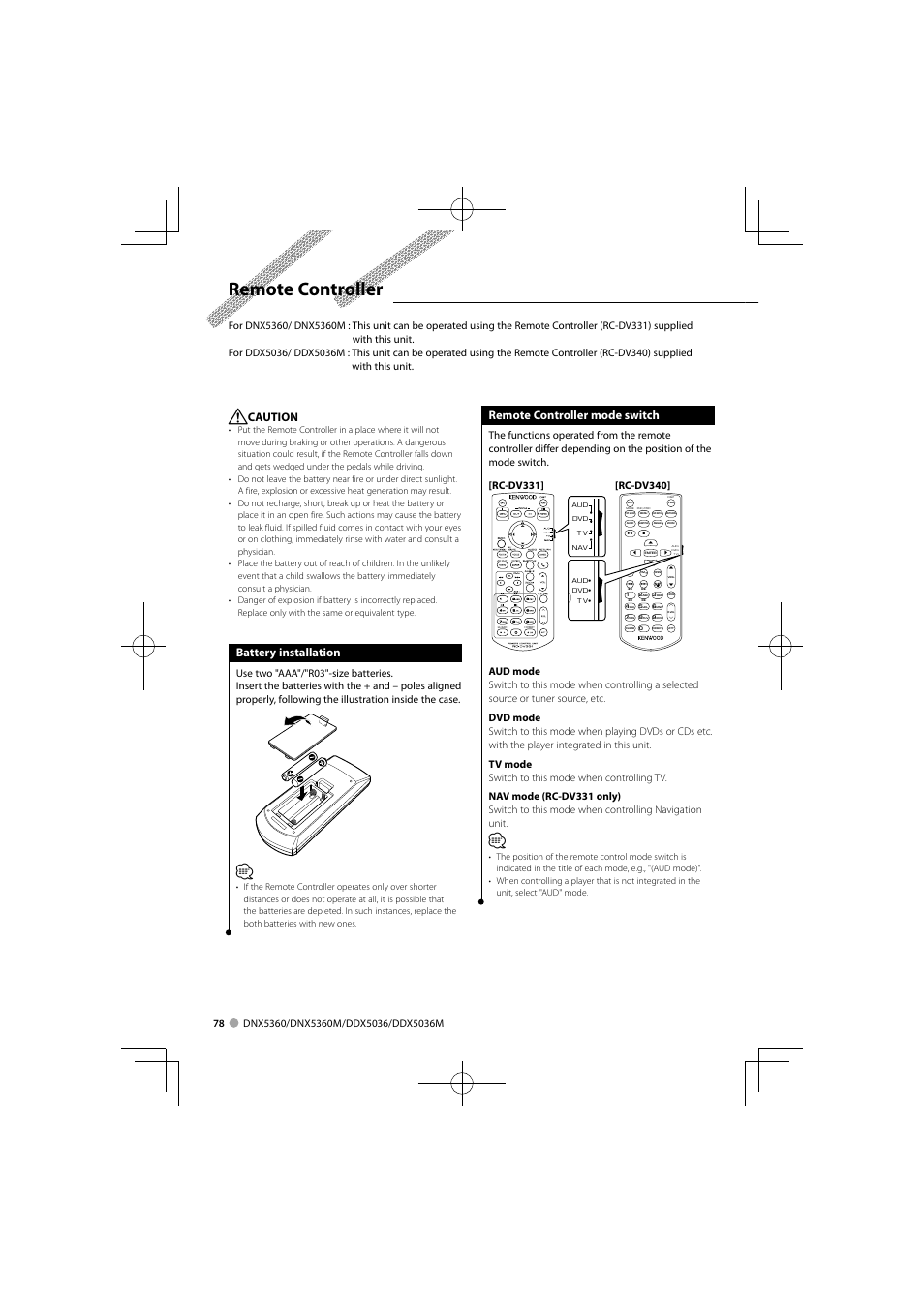 Remote controller, Remote controller mode switch, Caution | Battery installation | Kenwood DNX5360M User Manual | Page 78 / 96