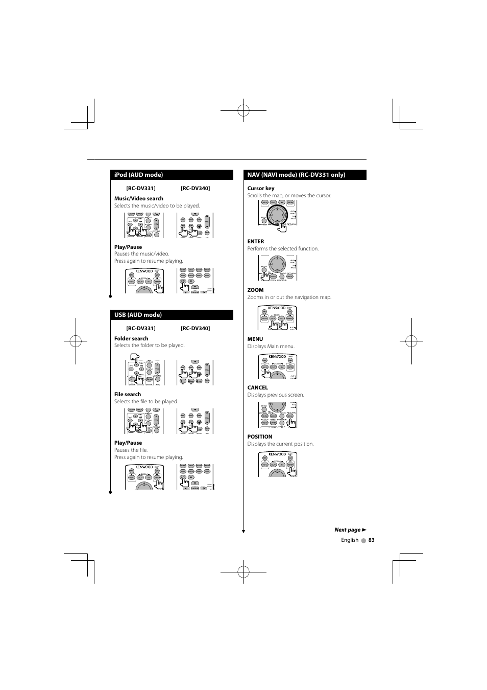 Ipod (aud mode), Usb (aud mode), Nav (navi mode) (rc-dv331 only) | English 83, File search selects the file to be played | Kenwood DNX5360M User Manual | Page 83 / 96