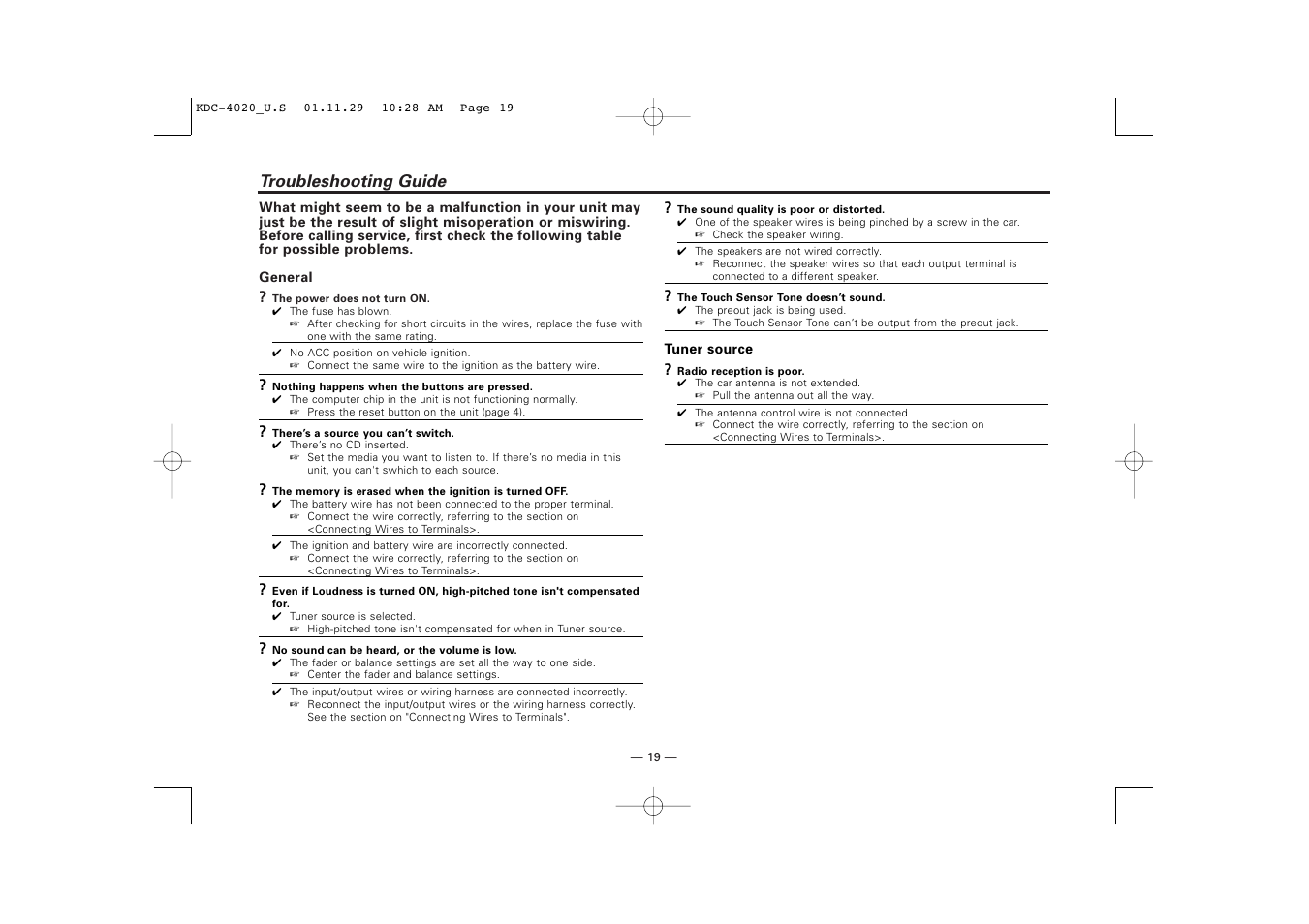 Troubleshooting guide | Kenwood KDC-2020 User Manual | Page 19 / 22