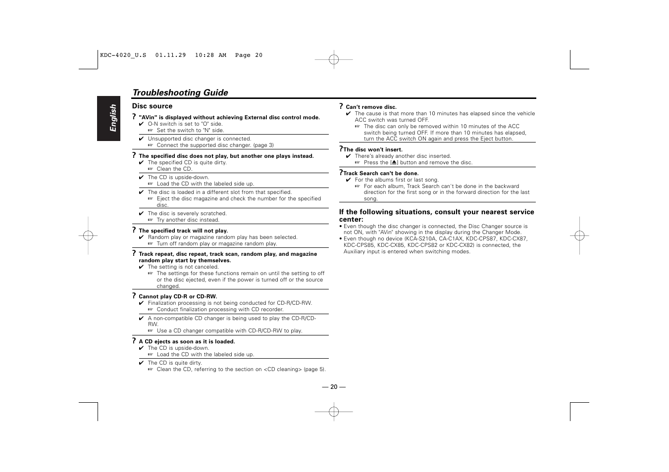 Troubleshooting guide | Kenwood KDC-2020 User Manual | Page 20 / 22