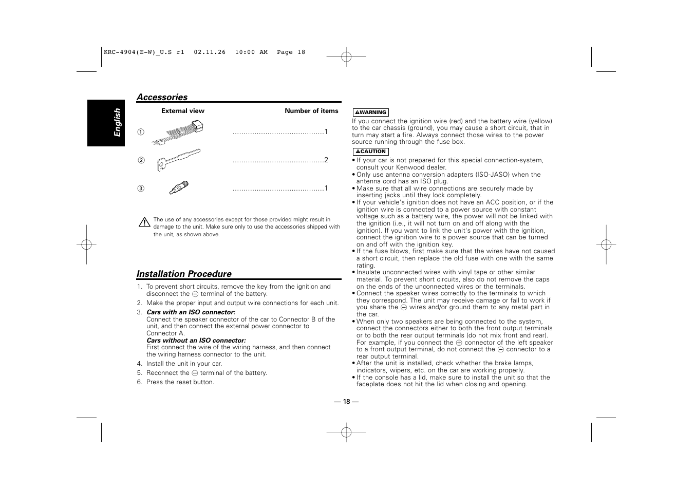 Accessories, Installation procedure | Kenwood KRC-4904 User Manual | Page 18 / 26
