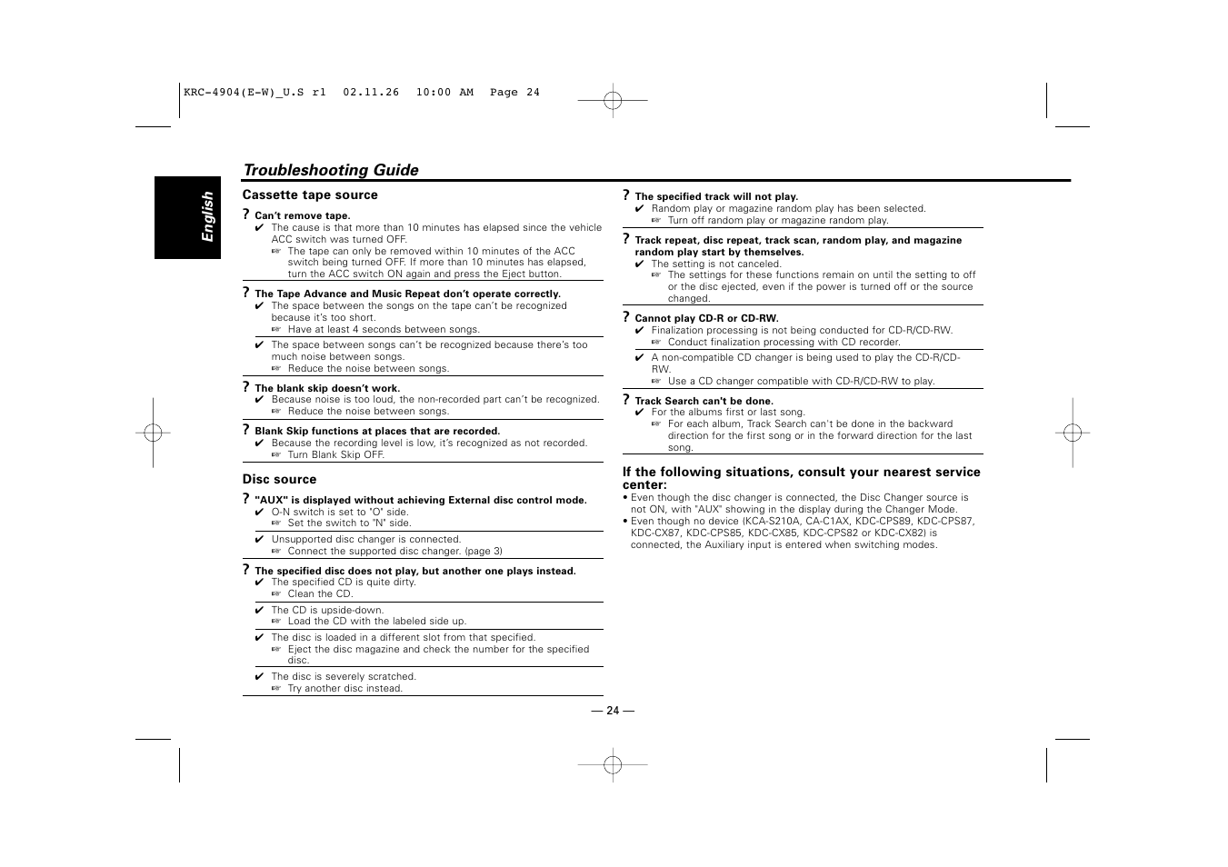 Troubleshooting guide | Kenwood KRC-4904 User Manual | Page 24 / 26