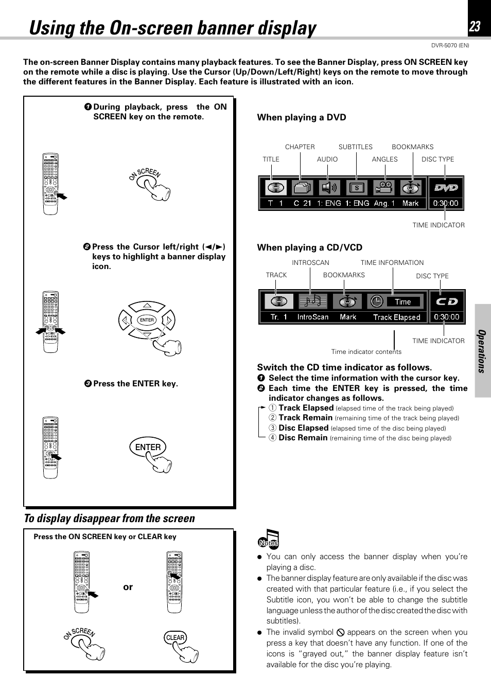 Using the on-screen banner display, Operations | Kenwood DVR-5070 User Manual | Page 23 / 60