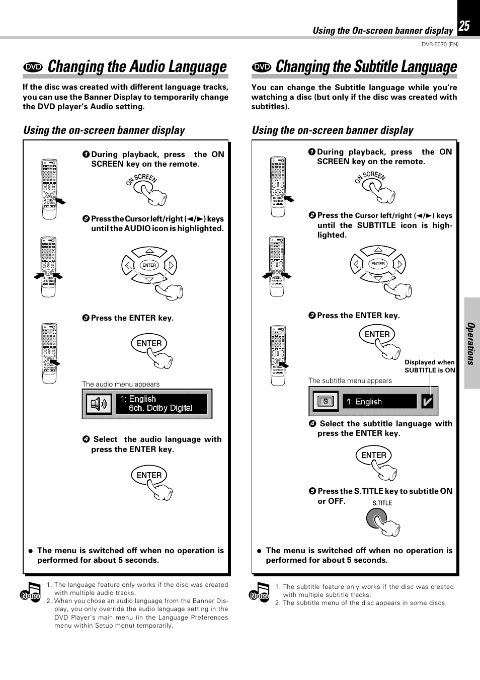 Changing the audio language, Changing the subtitle language, Using the on-screen banner display | Operations | Kenwood DVR-5070 User Manual | Page 25 / 60