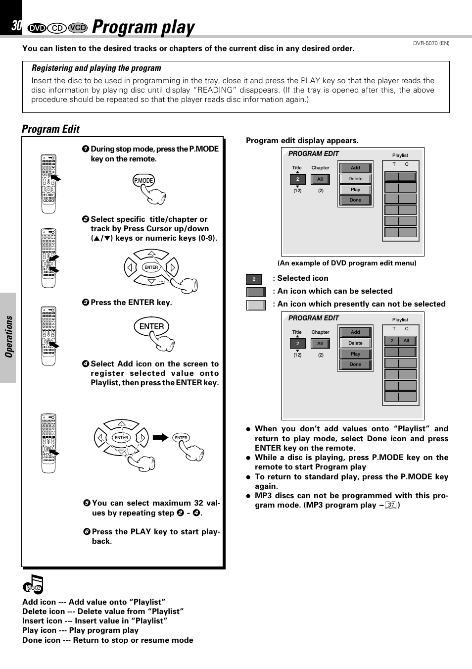 Program play, Program edit, Operations | Registering and playing the program | Kenwood DVR-5070 User Manual | Page 30 / 60