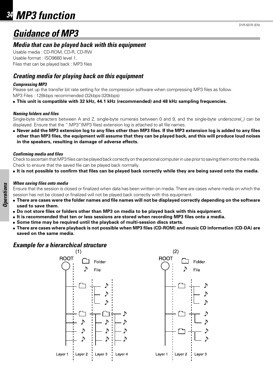 Mp3 function, Guidance of mp3, Media that can be played back with this equipment | Creating media for playing back on this equipment, Example for a hierarchical structure | Kenwood DVR-5070 User Manual | Page 34 / 60