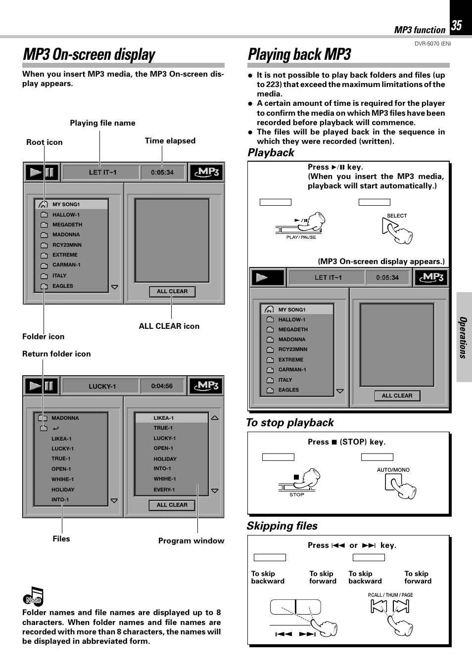 Mp3 on-screen display, Playing back mp3, Mp3 on-screen display playing back mp3 | Playback, Skipping files, Operations, Mp3 function | Kenwood DVR-5070 User Manual | Page 35 / 60