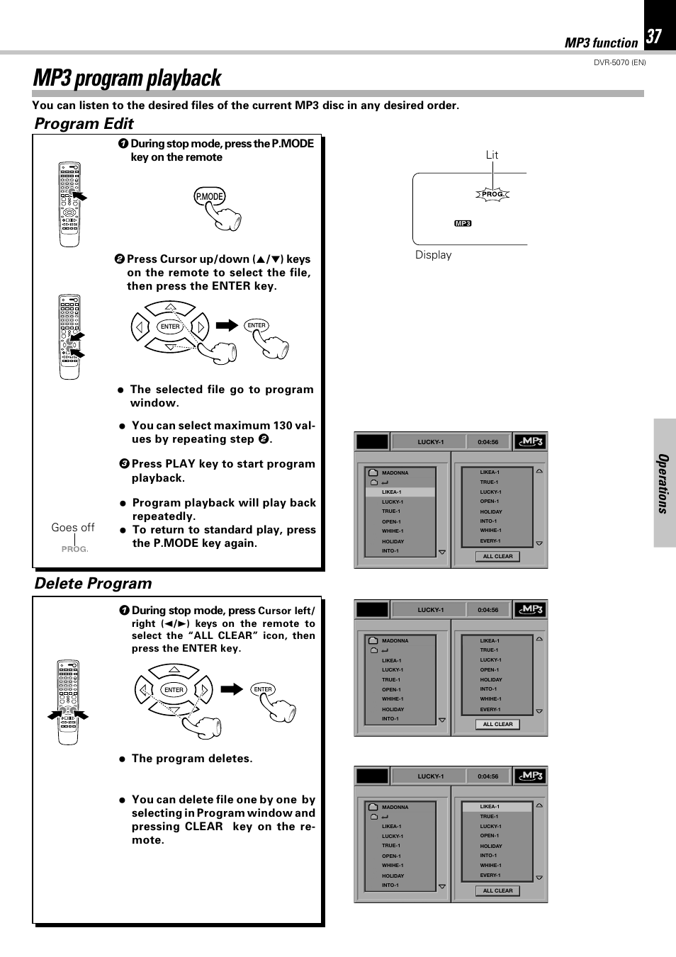 Mp3 program playback, Program edit, Delete program | Operations, Mp3 function, 1 during stop mode, press, Lit goes off display | Kenwood DVR-5070 User Manual | Page 37 / 60