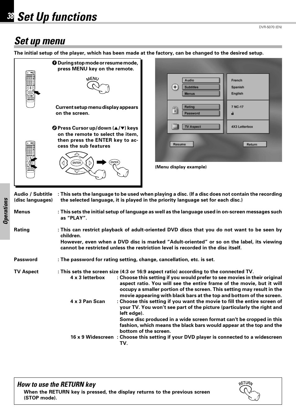 Set up functions, Set up menu, How to use the return key | Kenwood DVR-5070 User Manual | Page 38 / 60
