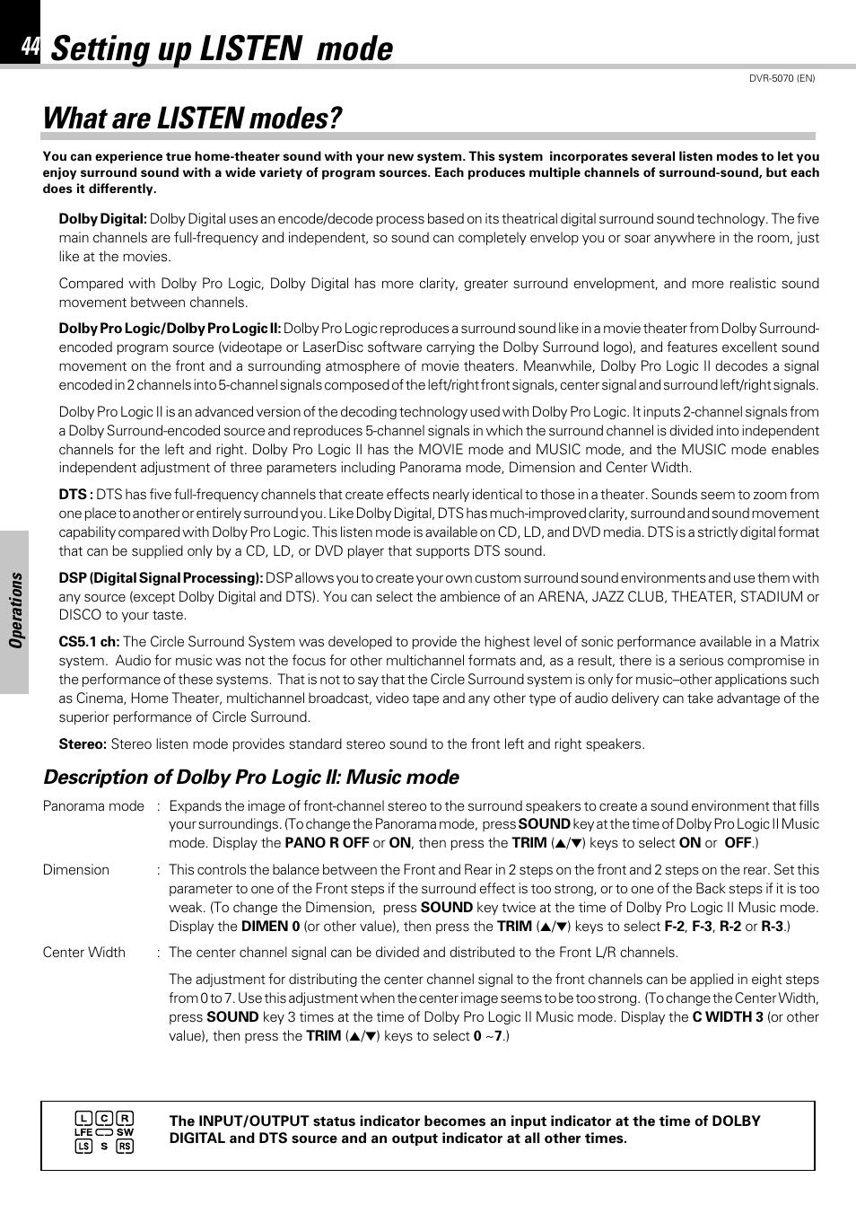 Setting up listen mode, What are listen modes, Description of dolby pro logic ii: music mode | Kenwood DVR-5070 User Manual | Page 44 / 60