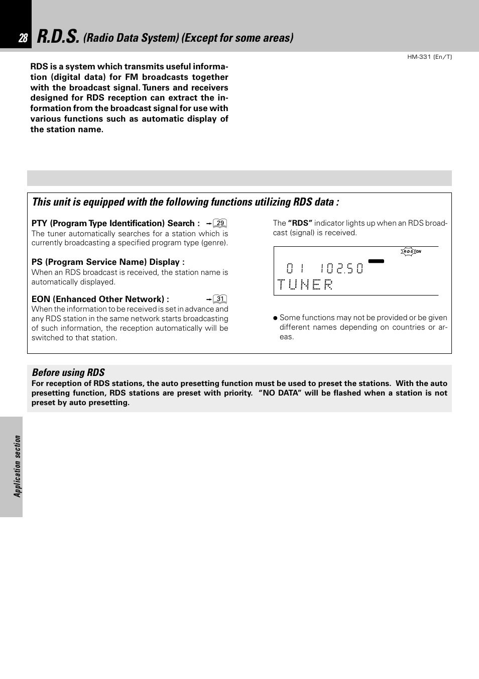 R.d.s. (radio data system) (except for some areas), R.d.s, Radio data system) (except for some areas) | Before using rds, Pty (program type identification) search, Ps (program service name) display, Eon (enhanced other network) | Kenwood HM-331 User Manual | Page 28 / 48