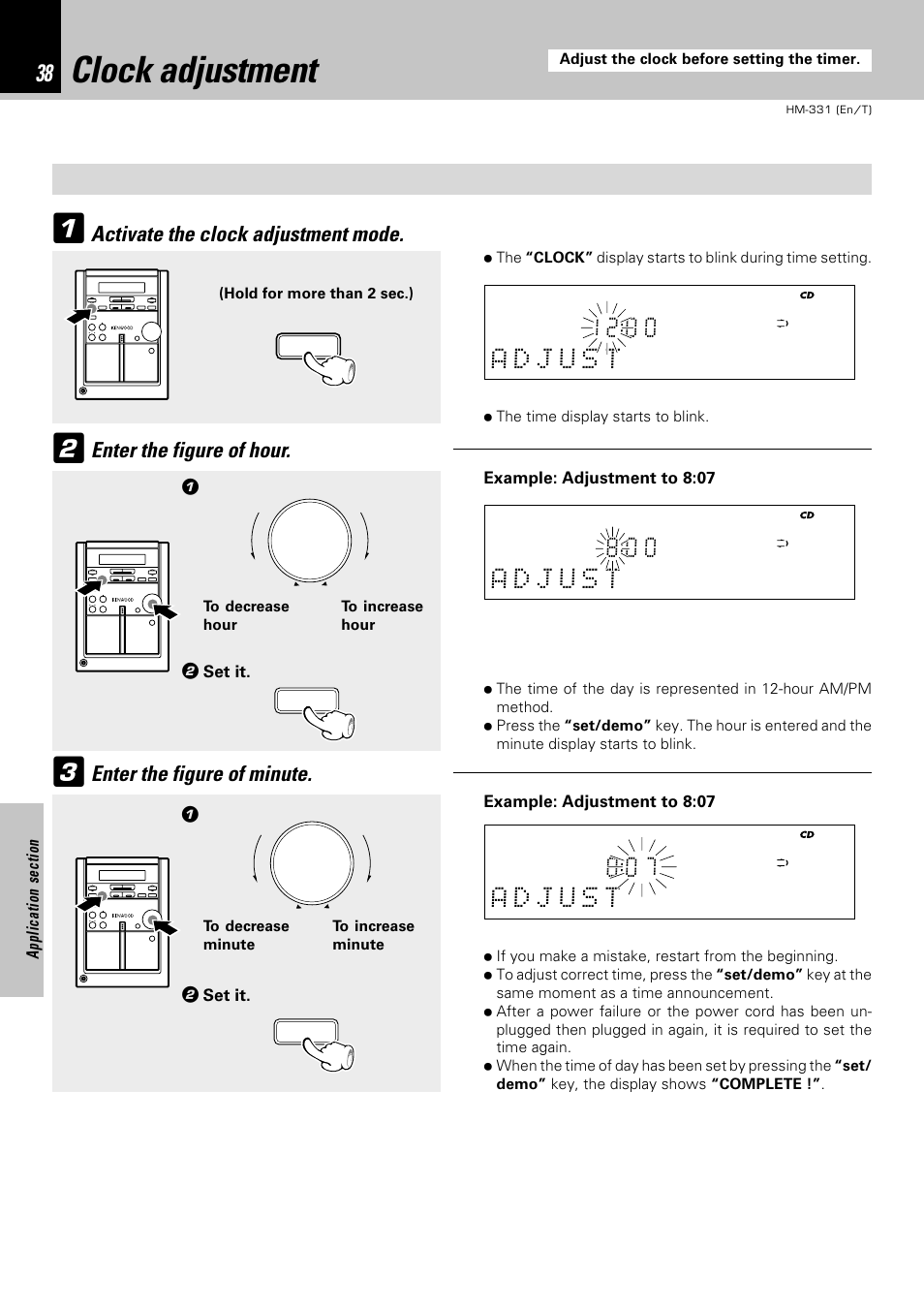 Clock adjustment, Enter the figure of minute, Set it | Example: adjustment to 8:07 | Kenwood HM-331 User Manual | Page 38 / 48