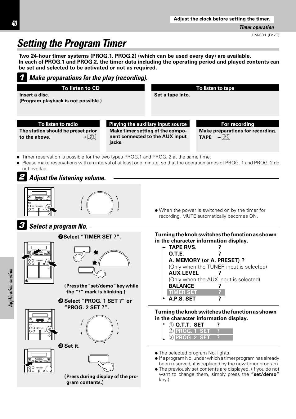 Setting the program timer, Make preparations for the play (recording), Adjust the listening volume | Select a program no | Kenwood HM-331 User Manual | Page 40 / 48