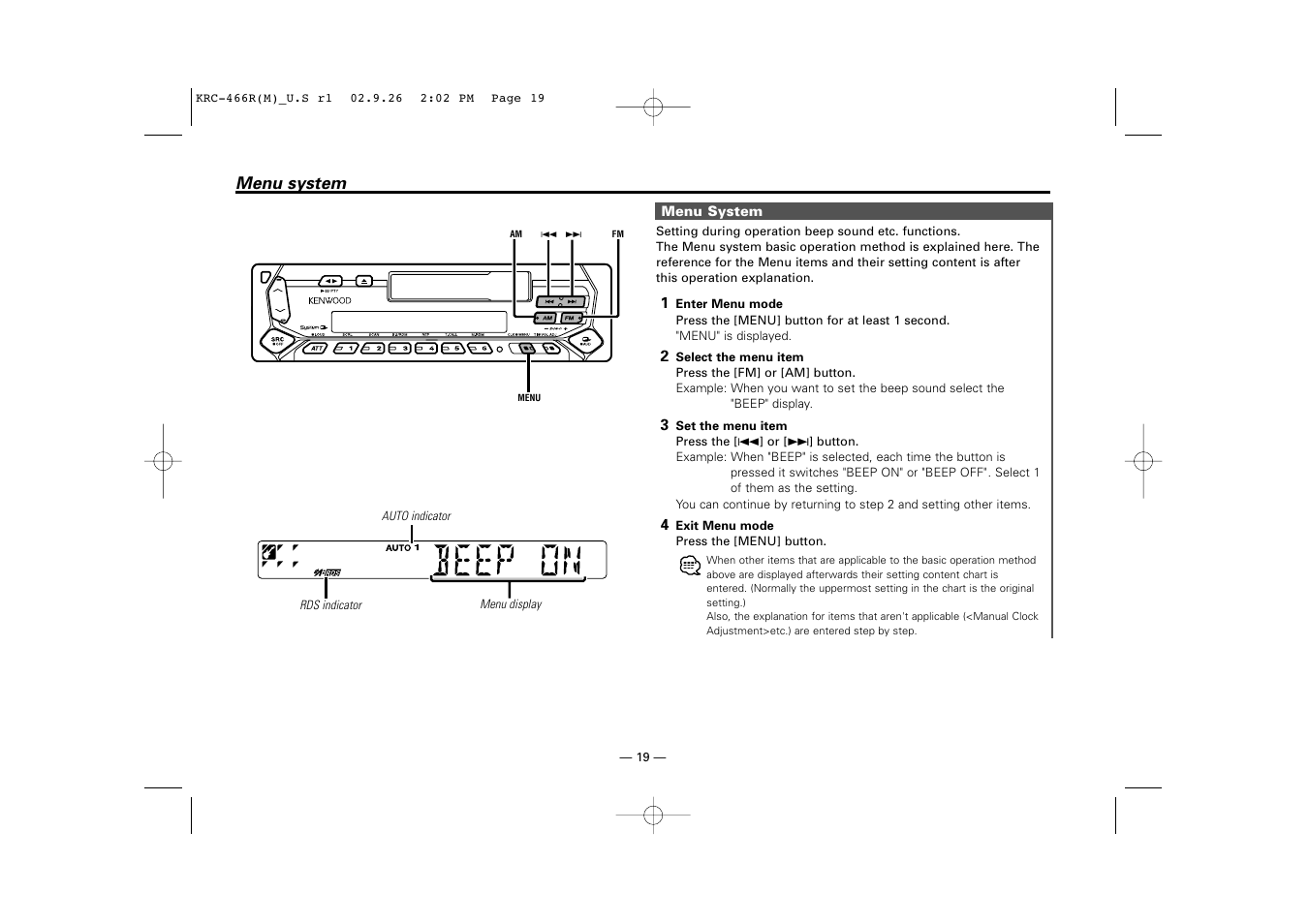 Menu system | Kenwood KRC-366L User Manual | Page 19 / 32