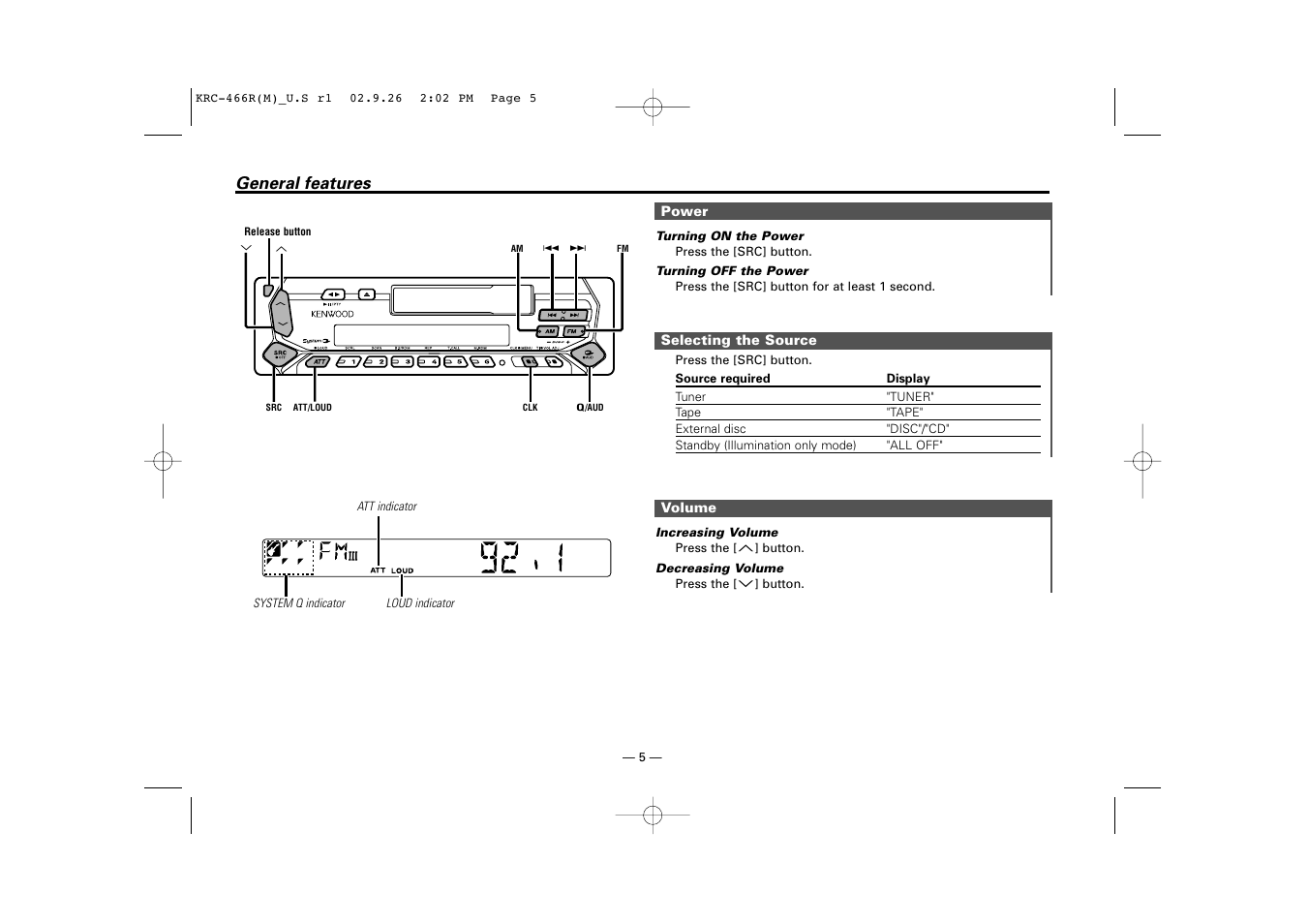 General features | Kenwood KRC-366L User Manual | Page 5 / 32