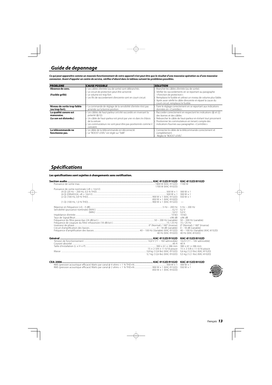 Guide de depannage spécifications | Kenwood KAC-8102D User Manual | Page 13 / 20