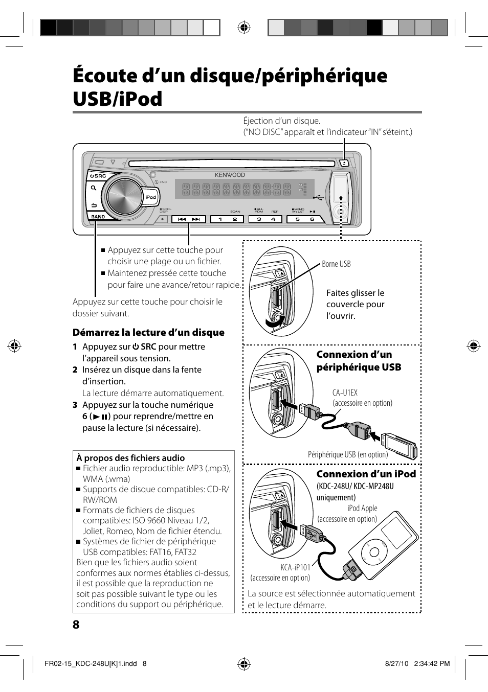 Écoute d’un disque/périphérique usb/ipod | Kenwood KDC-208U User Manual | Page 22 / 43