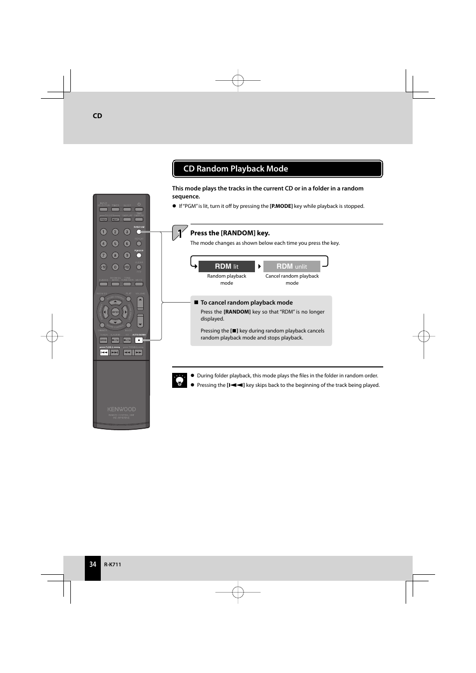Cd random playback mode | Kenwood R-K711 User Manual | Page 34 / 80