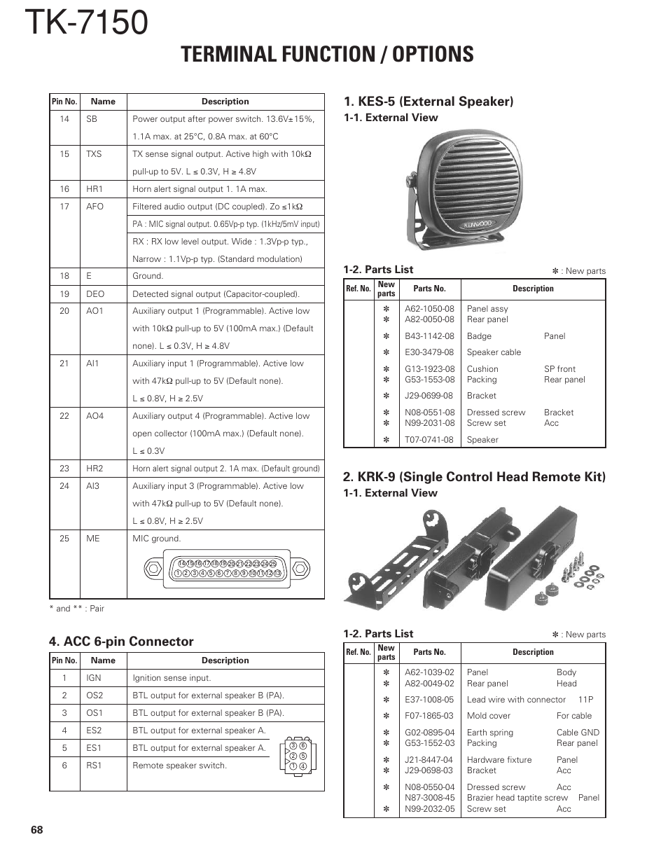 Acc 6-pin connector, Options, Kes-5 (external speaker) | Krk-9 (single control head remote kit), Tk-7150, Terminal function / options | Kenwood TK-7150 User Manual | Page 56 / 58