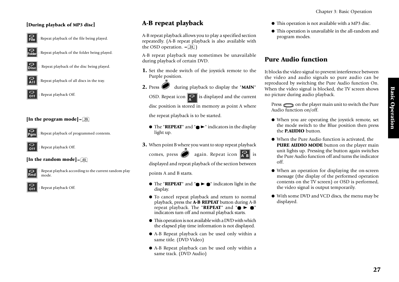 A-b repeat playback, Pure audio function | Kenwood DV-5700 User Manual | Page 27 / 76