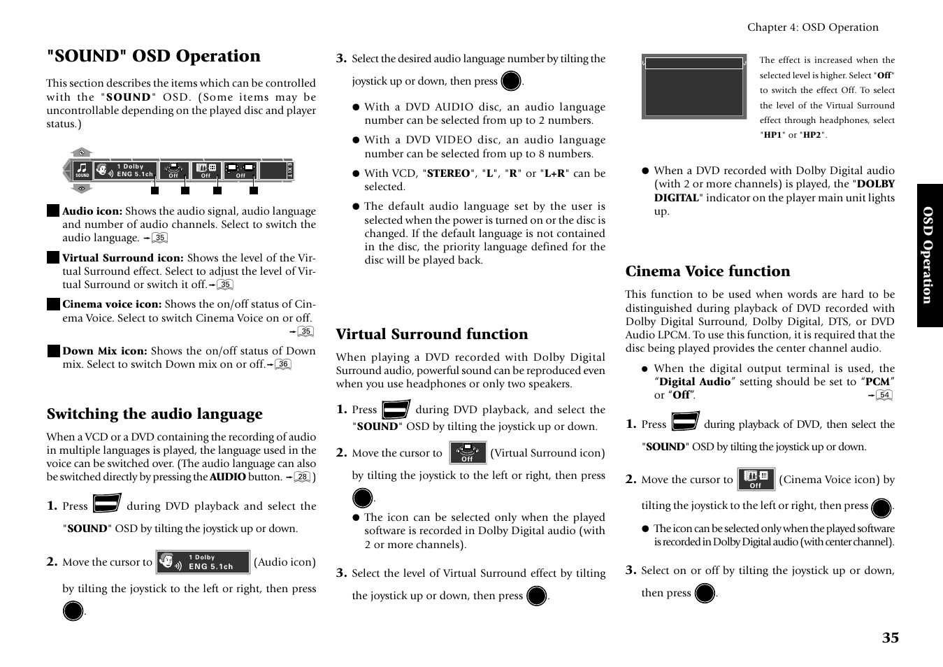 Sound" osd operation, Switching the audio language, Virtual surround function | Cinema voice function | Kenwood DV-5700 User Manual | Page 35 / 76