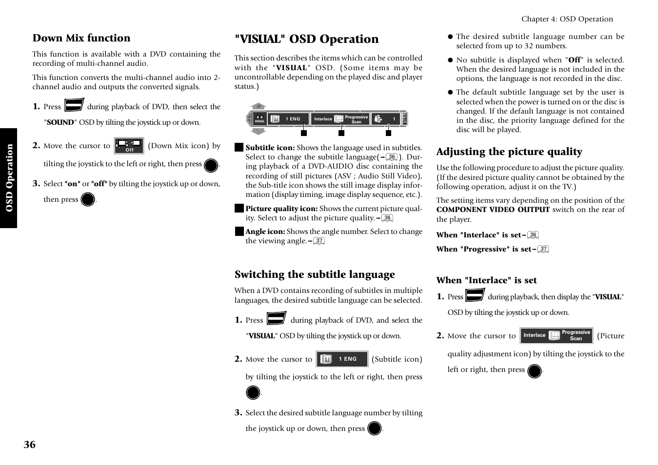 Visual" osd operation, Switching the subtitle language, Adjusting the picture quality | Down mix function | Kenwood DV-5700 User Manual | Page 36 / 76