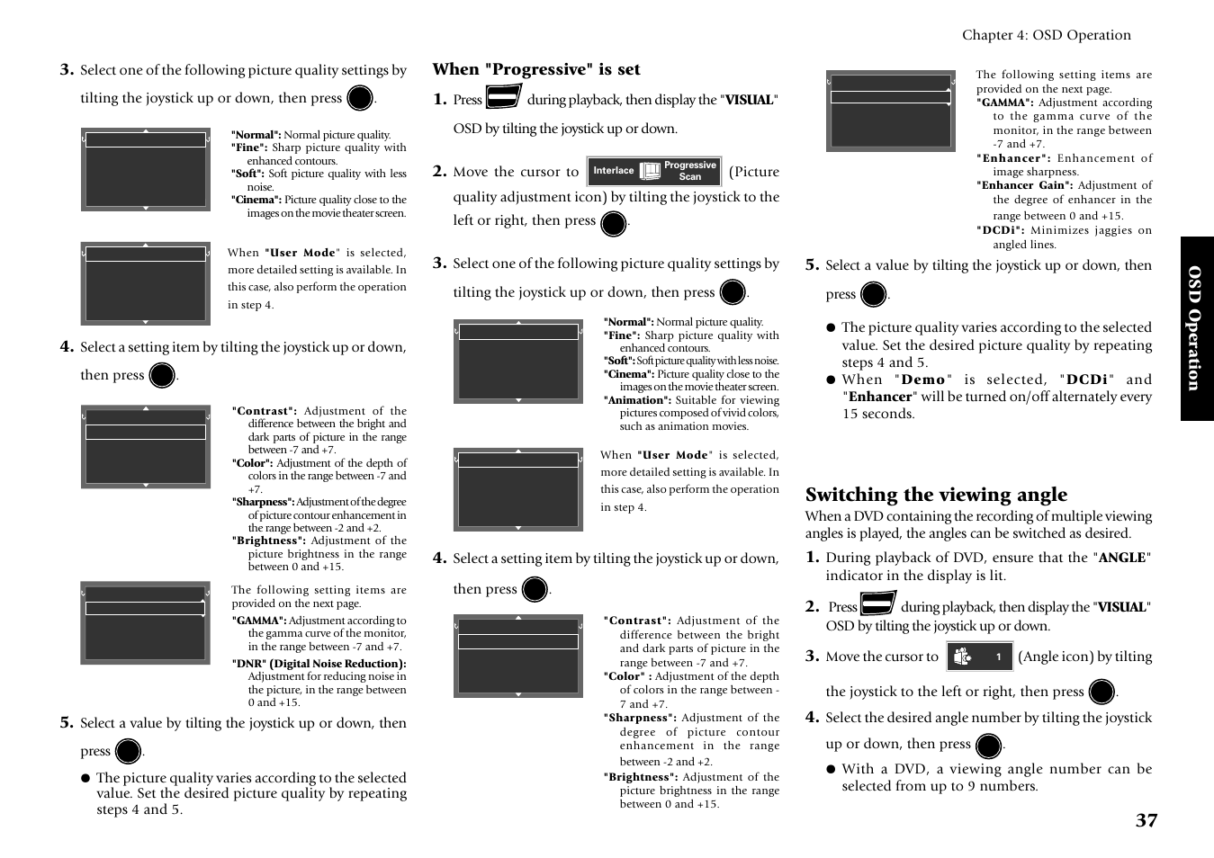 Switching the viewing angle, Osd operation, When "progressive" is set 1 | Kenwood DV-5700 User Manual | Page 37 / 76