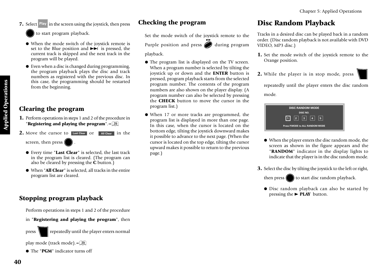 Disc random playback, Checking the program, Clearing the program | Stopping program playback | Kenwood DV-5700 User Manual | Page 40 / 76
