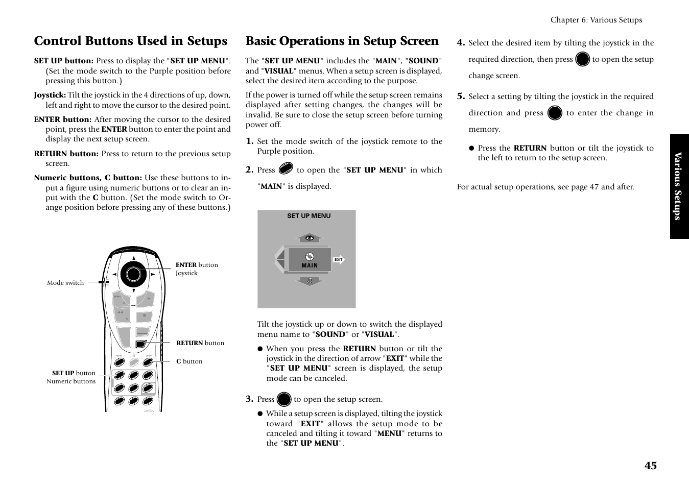 Control buttons used in setups, Basic operations in setup screen, Various setups | Kenwood DV-5700 User Manual | Page 45 / 76