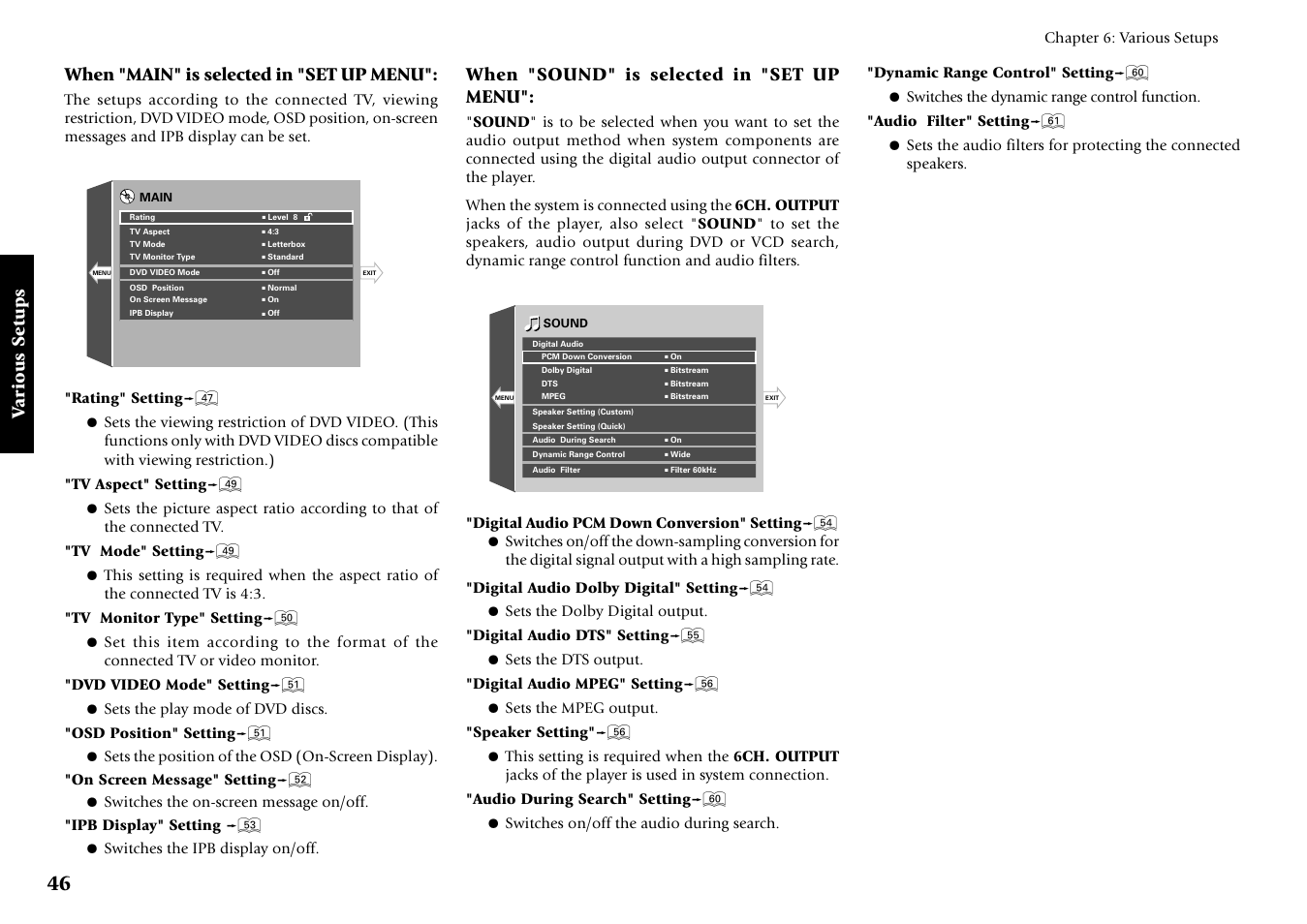 Various setups, When "main" is selected in "set up menu, When "sound" is selected in "set up menu | Kenwood DV-5700 User Manual | Page 46 / 76